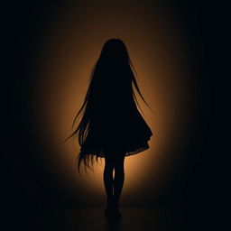 An artistic portrayal of a girl standing in darkness against a rich beige background