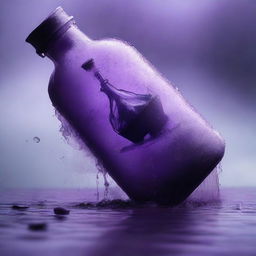 A bottle containing a purple sea with rain pouring heavily over a broken ship inside it