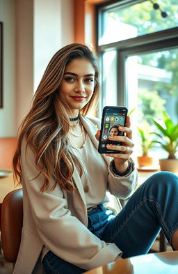 A captivating scene featuring a young, stylish influencer sitting in a trendy, aesthetically pleasing coffee shop