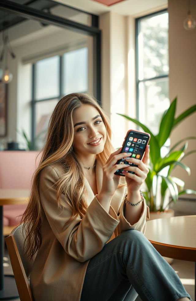 A captivating scene featuring a young, stylish influencer sitting in a trendy, aesthetically pleasing coffee shop