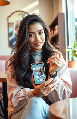 A captivating scene featuring a young, stylish influencer sitting in a trendy, aesthetically pleasing coffee shop