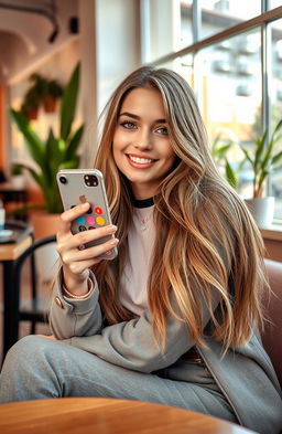 A captivating scene featuring a young, stylish influencer sitting in a trendy, aesthetically pleasing coffee shop