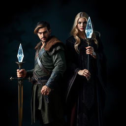 A striking scene featuring a handsome brunet man and a beautiful blonde female witch, both standing confidently against a dark, mystical background