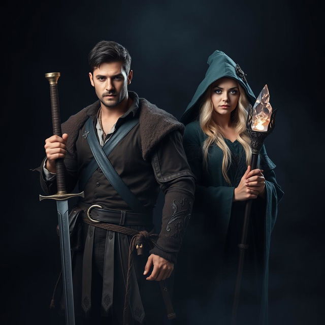 A striking scene featuring a handsome brunet man and a beautiful blonde female witch, both standing confidently against a dark, mystical background