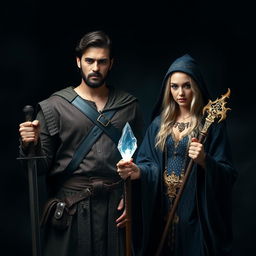 A striking scene featuring a handsome brunet man and a beautiful blonde female witch, both standing confidently against a dark, mystical background