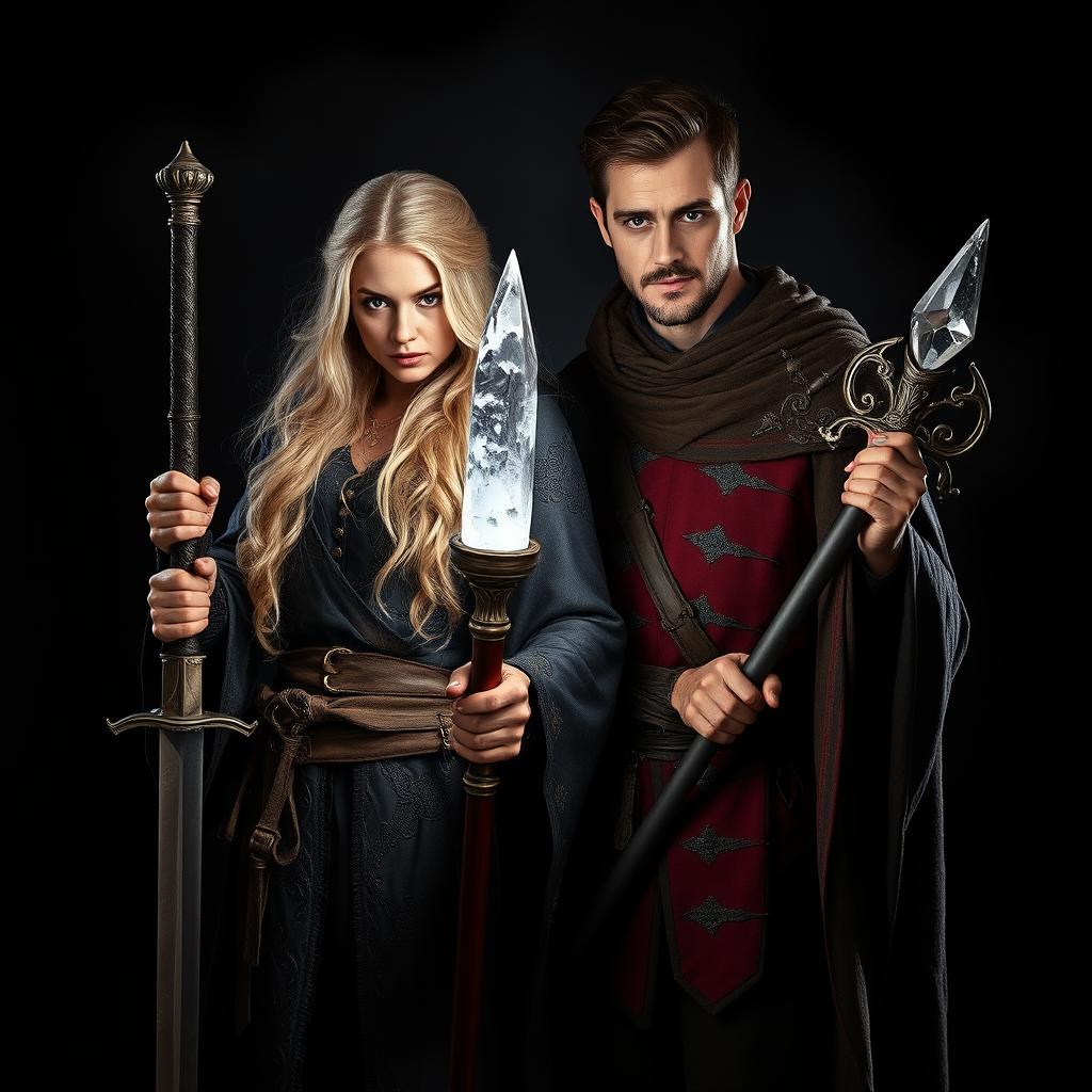 A striking scene featuring a handsome brunet man and a beautiful blonde female witch, both standing confidently against a dark, mystical background