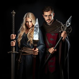 A striking scene featuring a handsome brunet man and a beautiful blonde female witch, both standing confidently against a dark, mystical background