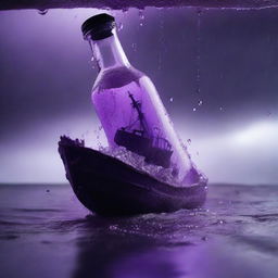 A bottle containing a purple sea with rain pouring heavily over a broken ship inside it