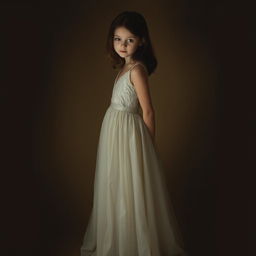 A serene depiction of a girl in a flowing gown standing in darkness against a rich beige background