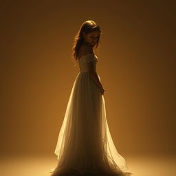 A serene depiction of a girl in a flowing gown standing in darkness against a rich beige background