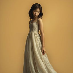 A serene depiction of a girl in a flowing gown standing in darkness against a rich beige background
