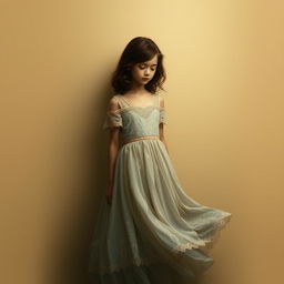 A serene depiction of a girl in a flowing gown standing in darkness against a rich beige background
