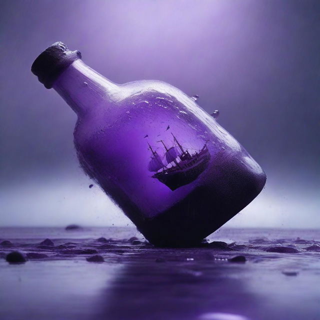 A bottle containing a purple sea with rain pouring heavily over a broken ship inside it