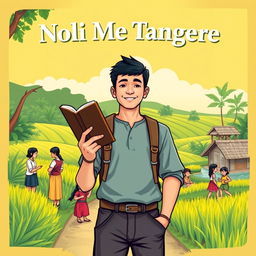 An approachable and humanized cover page for "Noli Me Tangere" featuring a young man, representing Crisostomo Ibarra, smiling gently as he stands in a picturesque village setting