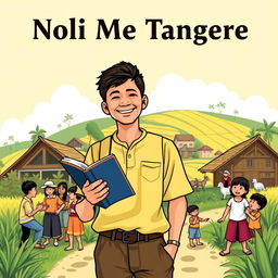 An approachable and humanized cover page for "Noli Me Tangere" featuring a young man, representing Crisostomo Ibarra, smiling gently as he stands in a picturesque village setting
