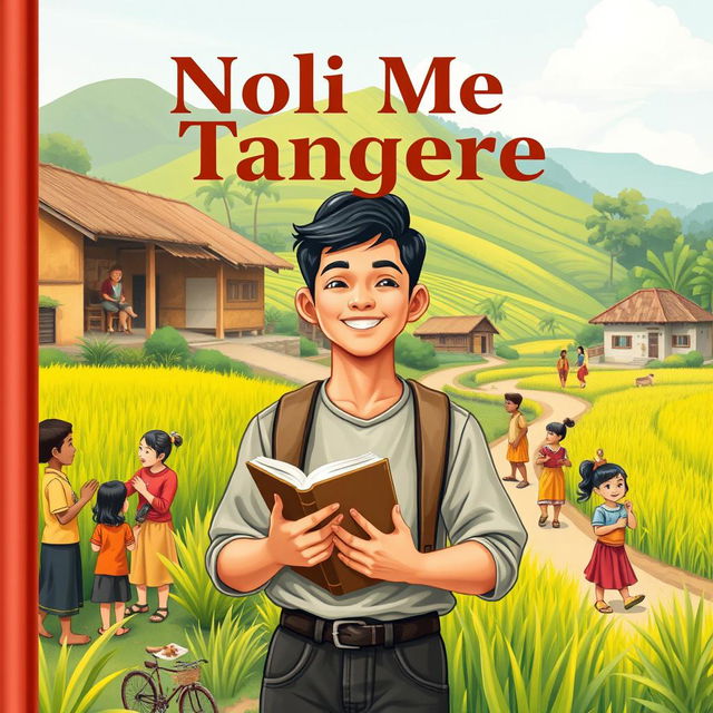 An approachable and humanized cover page for "Noli Me Tangere" featuring a young man, representing Crisostomo Ibarra, smiling gently as he stands in a picturesque village setting