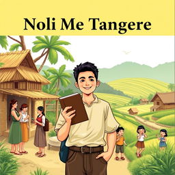 An approachable and humanized cover page for "Noli Me Tangere" featuring a young man, representing Crisostomo Ibarra, smiling gently as he stands in a picturesque village setting