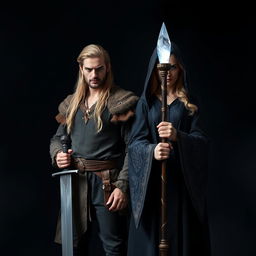 A striking scene featuring a handsome brunet man and a beautiful blonde female witch, both standing confidently against a dark, mystical background