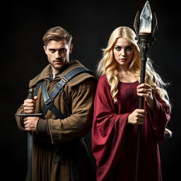 A striking scene featuring a handsome brunet man and a beautiful blonde female witch, both standing confidently against a dark, mystical background