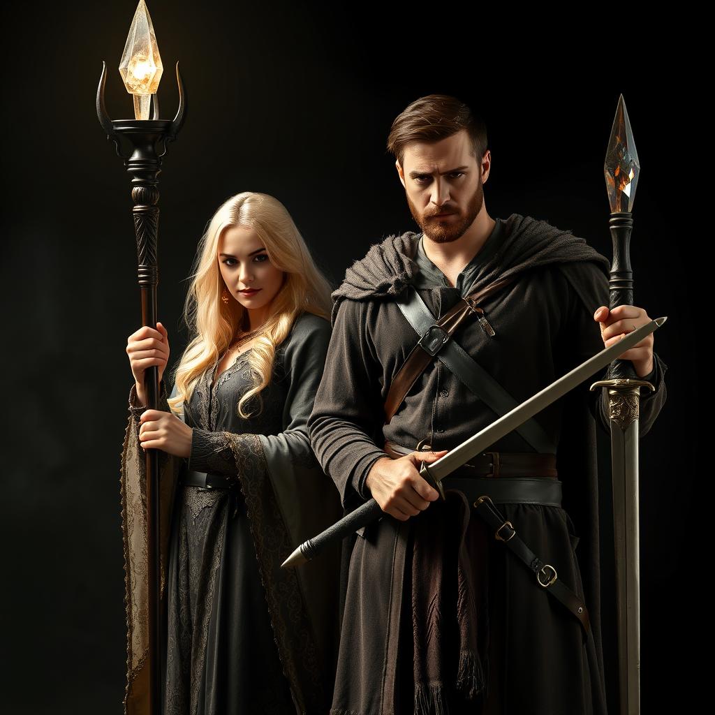 A striking scene featuring a handsome brunet man and a beautiful blonde female witch, both standing confidently against a dark, mystical background