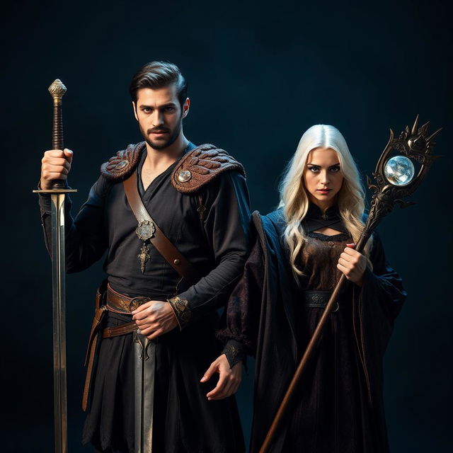 A striking scene featuring a handsome brunet man and a beautiful blonde female witch, both standing confidently against a dark, mystical background