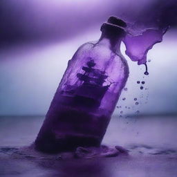 A bottle containing a purple sea with rain pouring heavily over a broken ship inside it