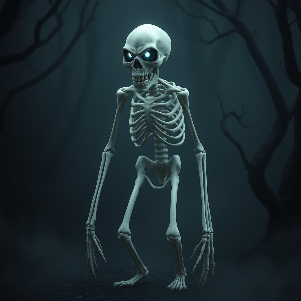 A white, creepy monster skeleton standing in a dark, misty forest