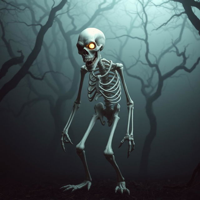 A white, creepy monster skeleton standing in a dark, misty forest