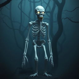 A white, creepy monster skeleton standing in a dark, misty forest
