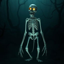 A white, creepy monster skeleton standing in a dark, misty forest