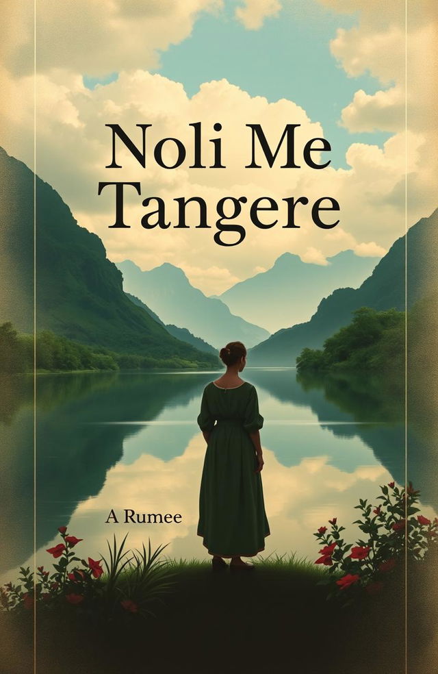 A captivating book cover design for 'Noli Me Tangere', featuring a lush and vibrant landscape symbolizing the themes of love, social justice, and personal struggle