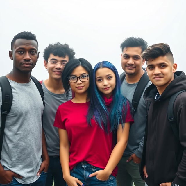 A popular college group standing together in a foggy background, consisting of five students: 1 black male who is tall with blue eyes and a nose piercing, 1 white female with short curly black hair, hazel eyes, and wearing glasses, 1 Polynesian female with long blue straight hair, green eyes, and a goth style, 1 white male with short curly black and white hair and brown eyes, and 1 Hispanic male with a buzz cut and a scar on his face, all facing the camera with confident expressions