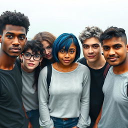 A popular college group standing together in a foggy background, consisting of five students: 1 black male who is tall with blue eyes and a nose piercing, 1 white female with short curly black hair, hazel eyes, and wearing glasses, 1 Polynesian female with long blue straight hair, green eyes, and a goth style, 1 white male with short curly black and white hair and brown eyes, and 1 Hispanic male with a buzz cut and a scar on his face, all facing the camera with confident expressions