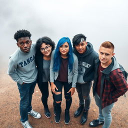 A popular college group standing together in a foggy background, consisting of five students: 1 black male who is tall with blue eyes and a nose piercing, 1 white female with short curly black hair, hazel eyes, and wearing glasses, 1 Polynesian female with long blue straight hair, green eyes, and a goth style, 1 white male with short curly black and white hair and brown eyes, and 1 Hispanic male with a buzz cut and a scar on his face, all facing the camera with confident expressions