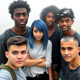 A popular college group standing together in a foggy background, consisting of five students: 1 black male who is tall with blue eyes and a nose piercing, 1 white female with short curly black hair, hazel eyes, and wearing glasses, 1 Polynesian female with long blue straight hair, green eyes, and a goth style, 1 white male with short curly black and white hair and brown eyes, and 1 Hispanic male with a buzz cut and a scar on his face, all facing the camera with confident expressions