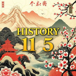A captivating cover design for 'HISTORY 115' that beautifully integrates artistic elements from ancient China, ancient Korea, and ancient Japan