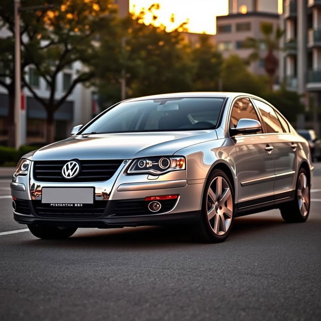 A stunning silver Volkswagen Passat B5 parked on a picturesque street in an urban setting