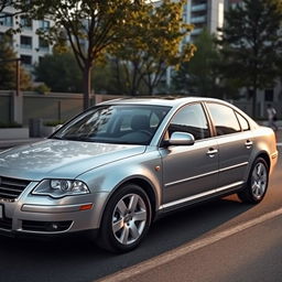 A stunning silver Volkswagen Passat B5 parked on a picturesque street in an urban setting