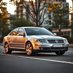 A stunning silver Volkswagen Passat B5 parked on a picturesque street in an urban setting