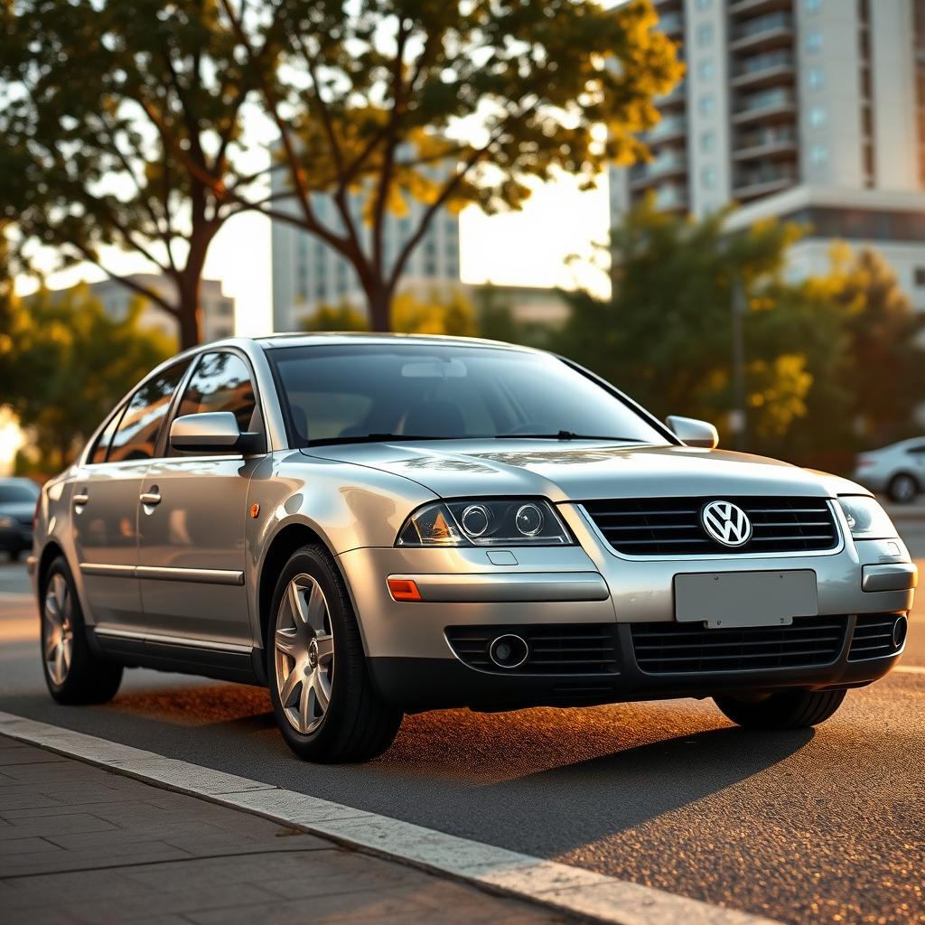 A stunning silver Volkswagen Passat B5 parked on a picturesque street in an urban setting