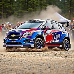 A WRC (World Rally Championship) inspired 2012 Chevy Trax, featuring a striking aerodynamic design with bold rally graphics and a vibrant color scheme of blue and white