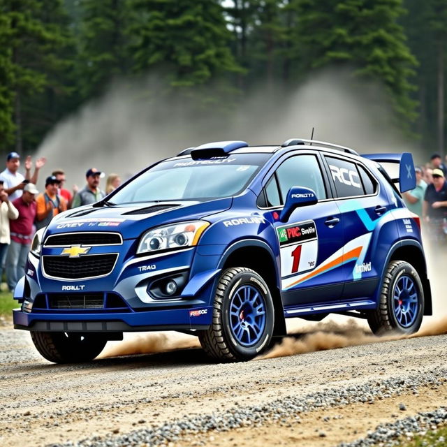 A WRC (World Rally Championship) inspired 2012 Chevy Trax, featuring a striking aerodynamic design with bold rally graphics and a vibrant color scheme of blue and white