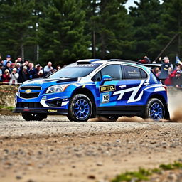 A WRC (World Rally Championship) inspired 2012 Chevy Trax, featuring a striking aerodynamic design with bold rally graphics and a vibrant color scheme of blue and white