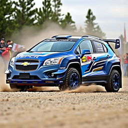 A WRC (World Rally Championship) inspired 2012 Chevy Trax, featuring a striking aerodynamic design with bold rally graphics and a vibrant color scheme of blue and white