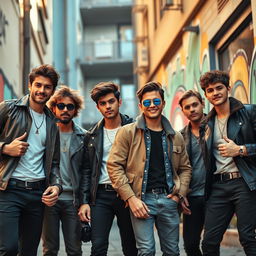 A cinematic still from a film featuring a group of stylish and charismatic young men, captured in a vibrant urban environment