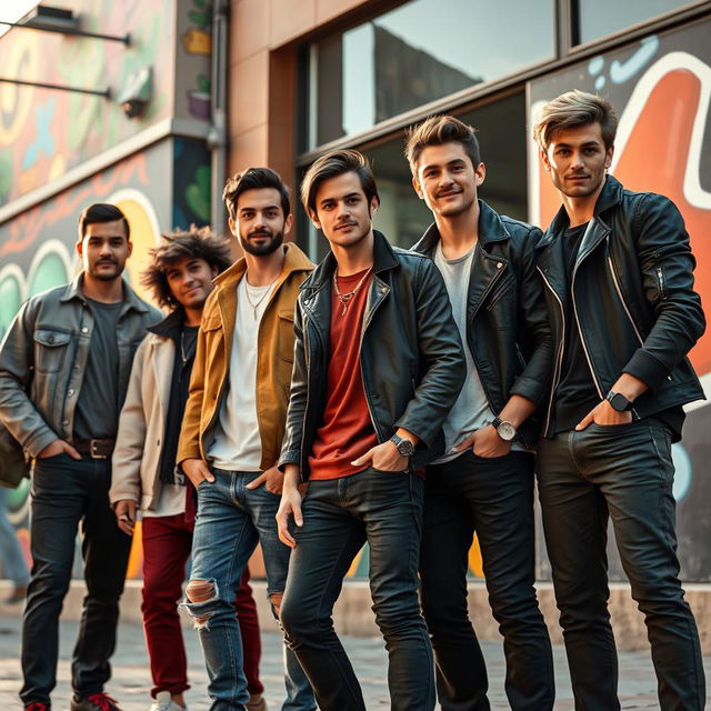 A cinematic still from a film featuring a group of stylish and charismatic young men, captured in a vibrant urban environment