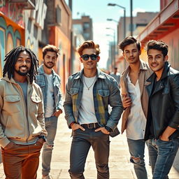 A cinematic still from a film featuring a group of stylish and charismatic young men, captured in a vibrant urban environment