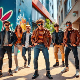 A cinematic still from a film featuring a group of stylish and charismatic young men, captured in a vibrant urban environment