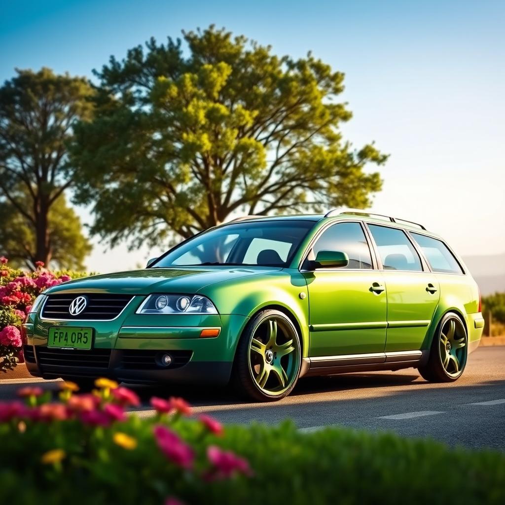 A lowered green Volkswagen Passat B5 station wagon, showcasing a sleek and sporty design