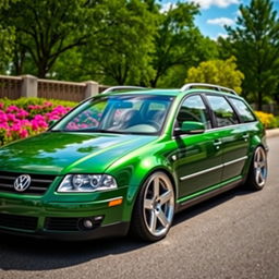 A lowered green Volkswagen Passat B5 station wagon, showcasing a sleek and sporty design